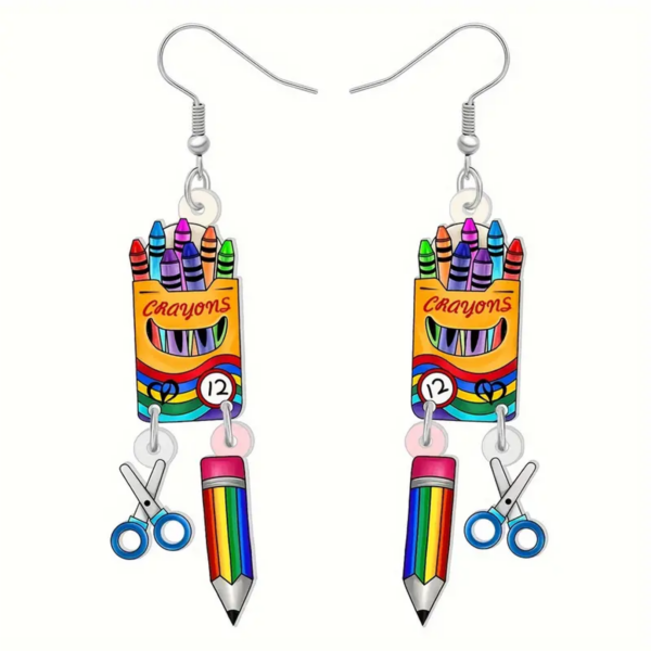 Quirky Crayons & Scissors Art Tool Dangle Earrings - Image 2