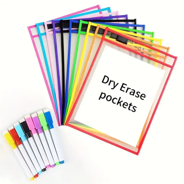 Reusable Dry Erase Pockets Set with Colorful Markers - Image 4